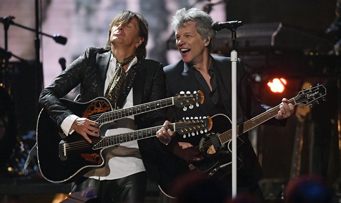 Richie Sambora (left) and Jon Bon Jovi perform during the Rock and Roll Hall of Fame induction ceremony, Saturday, April 14, Cleveland. (AP Photo/David Richard)