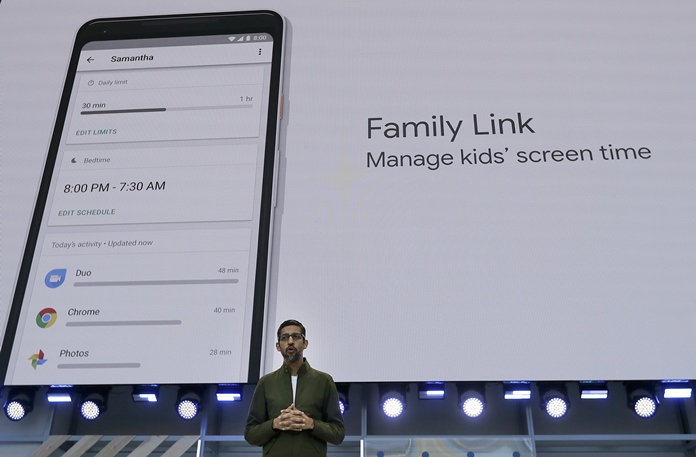 Google CEO Sundar Pichai speaks about managing kids’ screen time at the Google I/O conference in Mountain View, Calif., Tuesday, May 8. (AP Photo/Jeff Chiu)