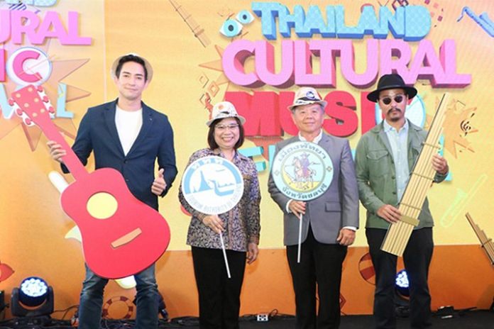 (From left) Actor Louis Scott, TAT representative Sujitra Jongchansitto, Pattaya City Deputy Mayor Pol. Maj. Gen. Bandit Khunchak and singer Nattapon Siangsukon pose during a press conference to announce the 2018 Thailand Cultural Music Festival.
