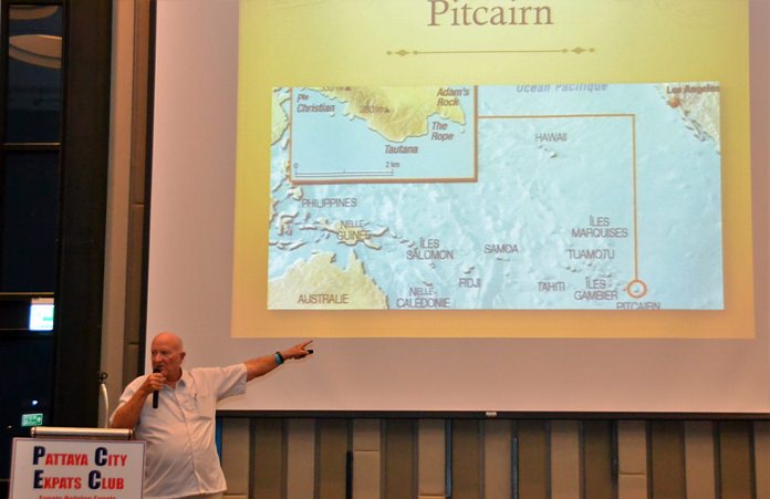 Using maps and photographs, Ray Woods takes his PCEC audience with him as he recounts his many world travels. In this slide, he described his visit to Pitcairn Island made famous through the “Mutiny on the Bounty” movies.