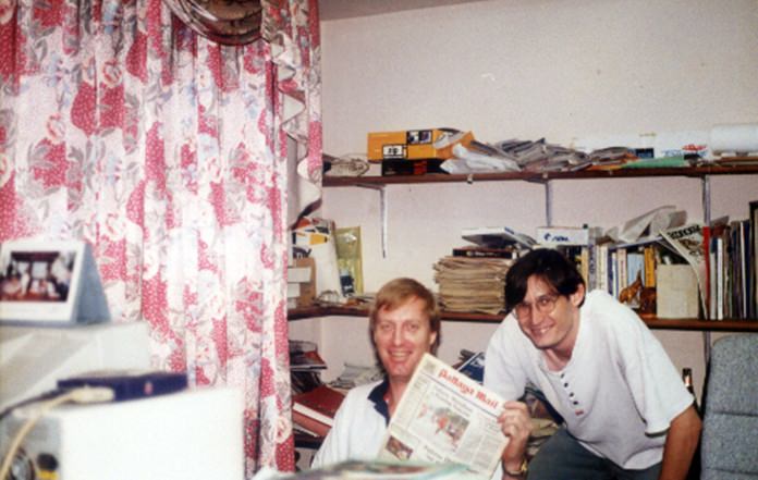 Dan (left) and Andy (right) hamming it up in the Pattaya Mail office on Second Road back in the early days.