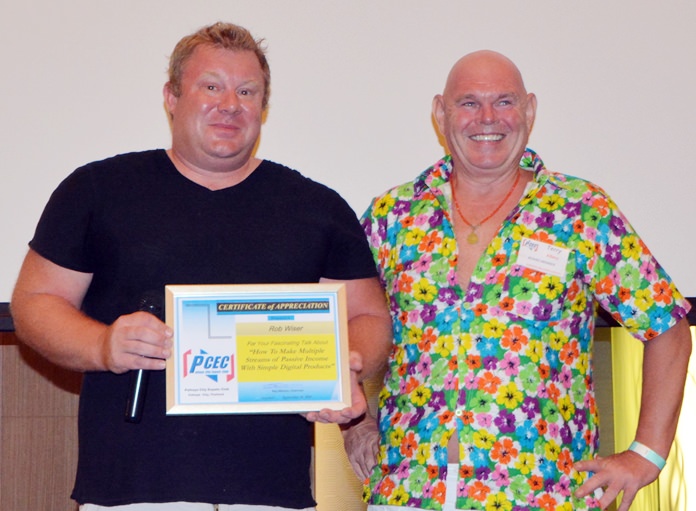 MC Terry Albery presents the PCEC’s Certificate of Appreciation to Rob Wiser for his very informative and interesting talk on ways to earn passive income through internet marketing of digital products.