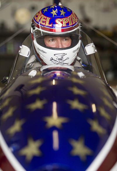 In this Sept. 1, 2016, file photo, stuntman Eddie Braun sits in the cockpit of the “Evel Spirit”, a steam-powered rocket, at the team’s shop in Twin Falls, Idaho. (Drew Nash/The Times-News via AP)