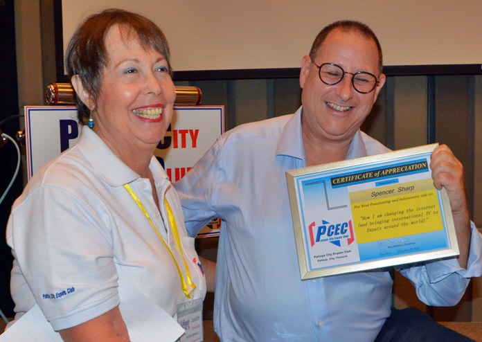 It’s all smiles as MC Judith Edmonds presents Spencer Sharpe with the PCEC’s Certificate of Appreciation for his enlightening talk.