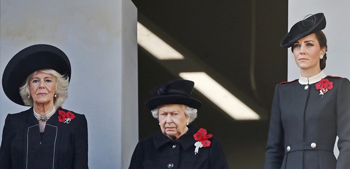 Britain’s Queen Elizabeth II, center, Camilla, Duchess of Cornwall, and Kate, Duchess of Cambridge, right, attend the Remembrance Sunday ceremony at the Cenotaph in London, Sunday, Nov. 11, 2018. (AP Photo/Alastair Grant)