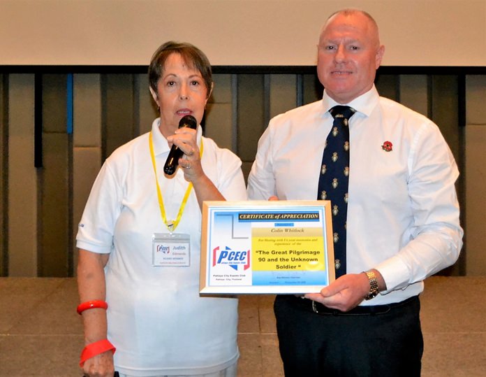 MC Judith Edmonds presents Colin Whitlock with the PCEC’s Certificate of Appreciation for his interesting and informative talk about Royal British Legion’s Great Pilgrimage 90 and why Remembrance Day is so important even to this day.