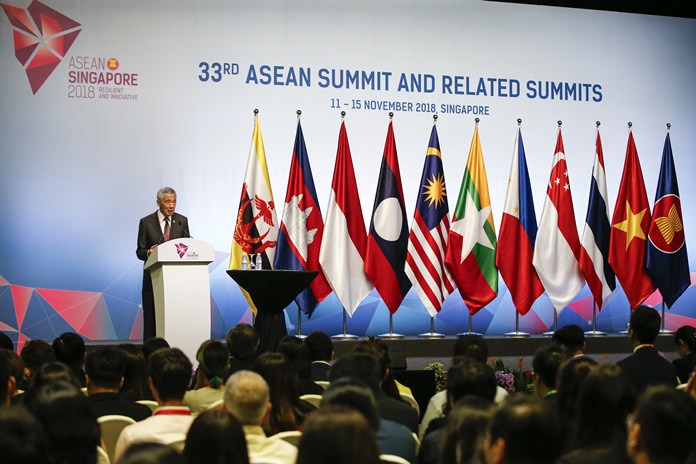 Singaporean Prime Minister Lee Hsien Loong speaks during a press conference following the 33rd ASEAN summit in Singapore, Thursday, Nov. 15, 2018. (AP Photo/Yong Teck Lim)