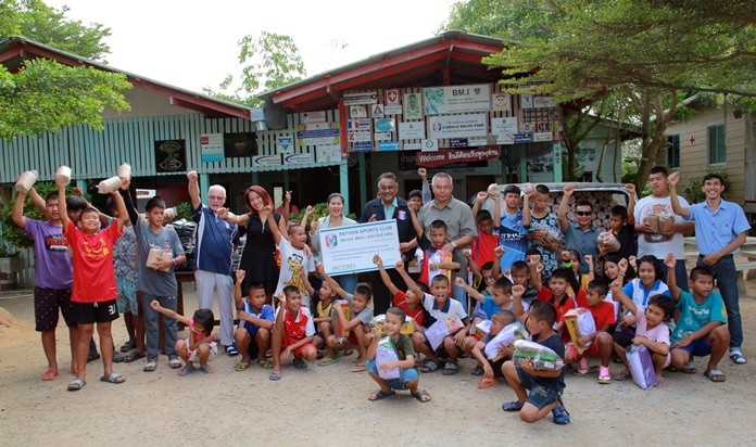 The Pattaya Sports Club donated 57,825 baht worth of school uniforms and mushroom spawns to the Anti-Human Trafficking and Child Abuse Center.