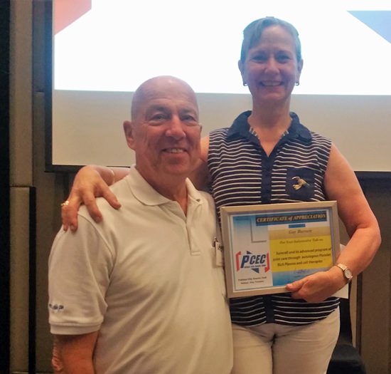 MC Roy Albiston presents Gay Burnett with the PCEC’s Certificate of Appreciation for her presentation on back pain including how to avoid it and what to do if you have it.