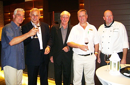 (L to R) Adrian Brown, GM Centara Grand; Peter Papanikitas, MD Stonefish wines; Dr Iain Corness; Mark Cawley, EAM F&B, and Executive Chef Andrew Brown introduce the Stonefish Australian wine label. 