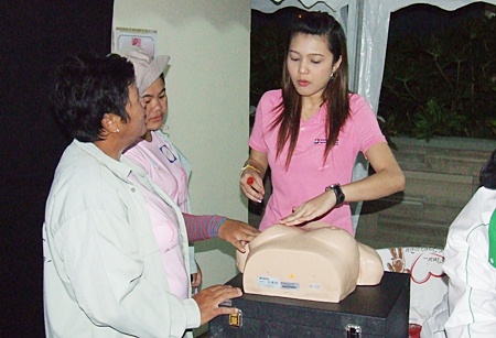 Women are taught the correct way to self examine for breast cancer.
