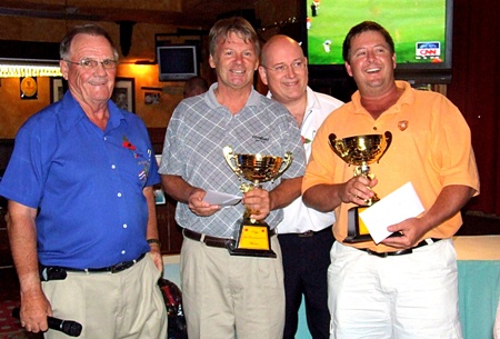 The tournament winners, Steve Hamstad and Jeff Warner, collect their trophies.