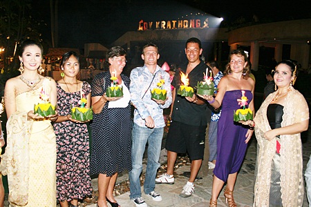 Guests gather to float their krathongs at the Dusit Thani Pattaya Hotel.