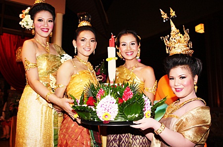 Beautiful Noppamas contestants display their krathong at Centara Grand Mirage Beach Resort.