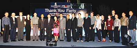 Panga Vathanakul (8th left) MD of The Royal Cliff Hotels Group and her Executive team pose for a picture with the honoured guests; His Excellency Chumphol Silapa-archa (7th from left), Minister of Tourism and Sports; Sombat Kuruphan (9th from left), Permanent Secretary of Ministry of Tourism and Sports; and Suraphon Svetasreni (10th from left), Governor of the Tourism Authority of Thailand during the Royal Cliff Hotels Group annual Thank You Party.