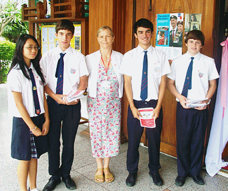 Students and a staff member from The Regent’s School, Pattaya, at St Niklaus Church 11/11/10.  (L to R) Francis Calalang, Max Kirschner, Mrs Sarah Travis-Mulford, Daniel Bowler and Ethan Northcutt. 