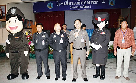 Students have been invited to name the new female police mascot (2nd left). 