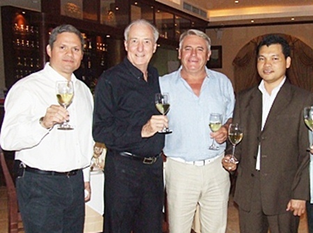 (L to R) Carlos Briones, sales manager for Chocolan Wines; Dr. Iain Corness; Jean Bousquet and Natthachai Chaiyaprom.