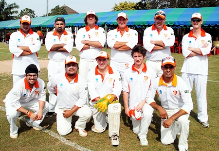The Pattaya Cricket Club team line up before the start of their match against Asian Stars Cricket Club at Horseshoe Point last weekend.