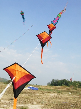 A beautiful long line of kites stretches up into the sky.