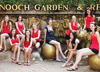 Finalists in the Miss Slovakia beauty pageant pose for a publicity photo at Nong Nooch Tropical Garden.