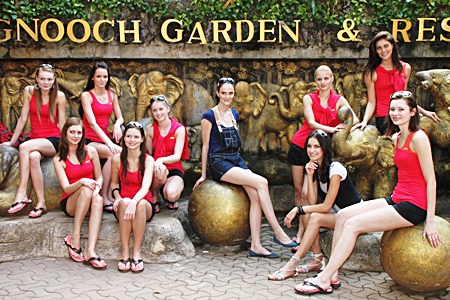 Finalists in the Miss Slovakia beauty pageant pose for a publicity photo at Nong Nooch Tropical Garden. 