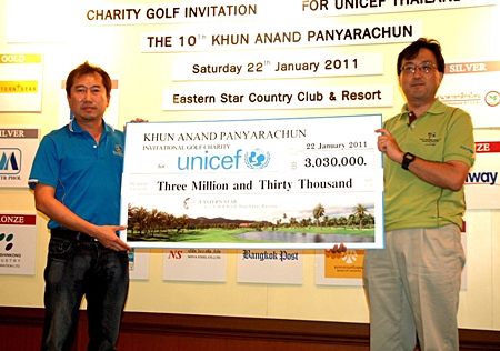 Eastern Star’s deputy general manager, Pravit Rotsawatsuk, left, presents a cheque for 3,030,000 baht to UNICEF’s Tomoo Hozumi.