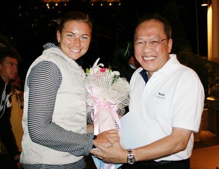Chatchawal Supachayanont, GM of the Dusit Thani Pattaya welcomes Russian tennis superstar Ana Zvonareva who arrived straight from her semi-final appearance at the Australian Open to defend her title in the PTT Pattaya Open. Ana is aiming for an unprecedented hat trick in the PTT Pattaya Open which is celebrating its 20th anniversary with the Dusit Thani Pattaya. World class WTA players voted the PTT open 2010 as the Tournament of the Year for the excellent Thai hospitality and service combined with the outstanding organization of the tennis tournament.