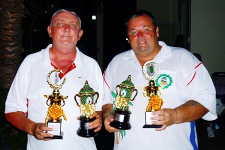 Keith Fortt and Dave Mays receive additional trophies for retaining their pairs crown for the fourth consecutive season.