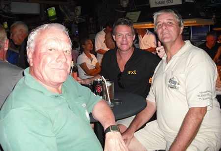 Peter Habgood (right) celebrates his win at Century Chonburi with Reg (left) and Heath (behind). 