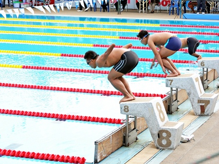 Action at the games swimming pool.