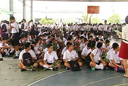 Banglamung school 12th grade students gather for their graduation ceremony on Thursday, March 10.