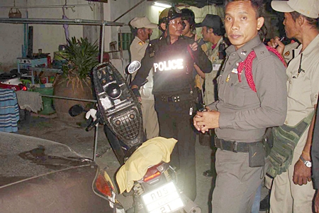Police discover the motorcycle belonging to Chalermpol Saentat, one of the alleged culprits.