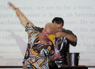 Water on the brain - who needs a doctor? French magician Jessy shows Pattaya City Expats members his quick & simple cure, aided by the lovely Suzanne.