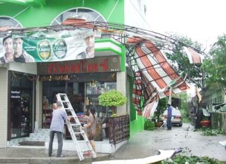 Violent winds and heavy rain damaged homes and businesses last week. Meanwhile, Pattaya residents whose homes were damaged can collect up to 10,000 baht each from the city for emergency repairs.