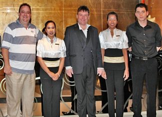 The management and staff of the Nova Gold Hotel Pattaya were thrilled to welcome snooker legend Jimmy White (centre) to the stylish boutique hotel recently. On hand to receive him were (l-r) Michael Procher, the general manager, Patcharee Nirat, Pinmanee Bangthong and Sascha Kunze.