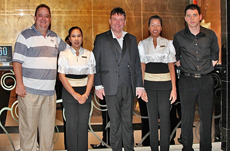 The management and staff of the Nova Gold Hotel Pattaya were thrilled to welcome snooker legend Jimmy White (centre) to the stylish boutique hotel recently.  On hand to receive him were (l-r) Michael Procher, the general manager, Patcharee Nirat, Pinmanee Bangthong and Sascha Kunze.