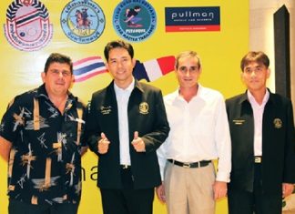 Mayor Itthiphol Kunplome (2nd left) presided over a press conference held at the Pullman Pattaya Aisawan recently to announce the “Star Master Petanque Thailand” tournament which was successfully held last month at the Khao Rai Star Master Petanque Court on the 3rd Road, Central Pattaya. In attendance were Luc Rostici (left), President of Club Khao Rai Petanque Pattaya, Serge Rigodin (2nd right), Pullman Operations Manager and Jirawat Plukjai.