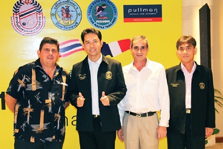 Mayor Itthiphol Kunplome (2nd left) presided over a press conference held at the Pullman Pattaya Aisawan recently to announce the “Star Master Petanque Thailand” tournament which was successfully held last month at the Khao Rai Star Master Petanque Court on the 3rd Road, Central Pattaya. In attendance were Luc Rostici (left), President of Club Khao Rai Petanque Pattaya, Serge Rigodin (2nd right), Pullman Operations Manager and Jirawat Plukjai.