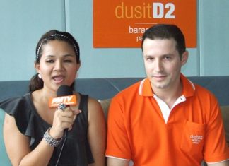 Event organizer Kanyarat Wedthitak, left, interviews dusit D2 baraquda hotel general manager Michael Ganster for PMTV at the press conference held April 1 to announce this weekend’s singles party.