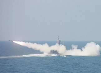 Navy forces fire an Exocet missile from the HTMS Ratcharit, a fast-attack boat, during regularly scheduled military exercises in the Gulf of Thailand near Sattahip. Whilst watching the exercises, Supreme Commander Gen. Songkitti Jaggabatara said that Thai forces were “resolute” in protecting the country’s sovereignty.