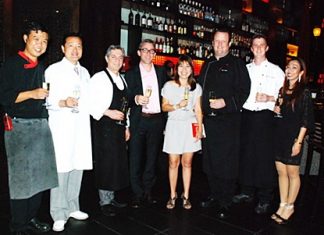 (L to R) Yongyuth Phianprasit, Mantra Restaurant and Bar’s executive sous chef; Chef Hirokazu Tomizawa from Yoshimura, Japan; Chef Giorgio Stephanosio, Restaurant Galerie, Monpazier; Philippe Bramaz, wine maker from Best Cellar Co., Ltd.; Patcharee Musikul, sales manager of Best Cellar Co., Ltd.; Jens Heier, executive chef of Mantra Restaurant and Bar; Chef Werner Snoek from Saxon Boutique Hotel, Johannesburg; and Supparatch Piyawatcharapun, Mantra Restaurant and Bar’s social director.