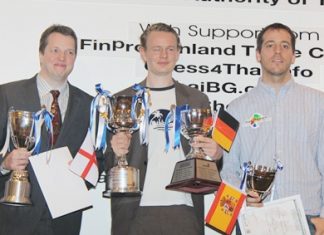 Jan Gustafsson of Germany, center, stands with runners up Nigel Short of England, left, and Spain’s Paco Vallejo at the conclusion of the 2011 Thai Chess Open tournament held at the Dusit Thani Pattaya Resort.