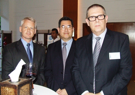 Dressed up to the nines for the special occasion (L to R) Alain Deurwaerder, MD Ducati Motor (Thailand) Co. Ltd., Attakorn Saropala, Trade and Investment Manager British Embassy Bangkok and Mike Allin MD of Solids Handling & Process Engineering Co., Ltd.