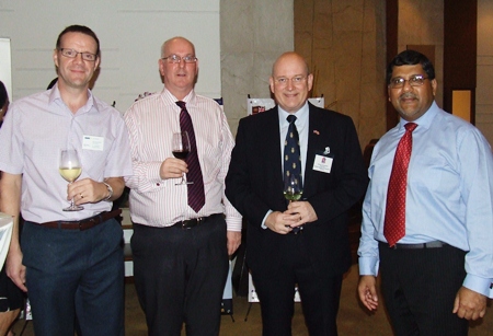 (L to R) Roger Wilson, key account manager for Nissan/GKN Driveline, Paul Millar, MD Boots Retail (Thailand) Ltd., and Graham Macdonald, chairman of the British Chamber of Commerce Thailand afford HE Asif Ahmad a warm welcome.
