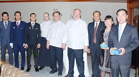 (L to R) Choopong Payotorn, F&B manager at the Royal Cliff Grand Hotel; Veerasak Phongsai, head waiter; Vichai Poo-alai, restaurant manager of the Royal Grill Room & Wine Cellar; Stefan Beutler, asst. executive chef; Horst Rautert, pastry chef; Walter Thenisch, executive chef; Ranjith Chandrasiri, president of deVine Wine Club & deputy general manager of the Royal Cliff Hotels Group; Patt Srinoi, managing director & Anirut Posakrisna, chairman of Wine Dee Dee Group have put on a great night for all.