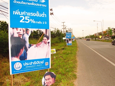 Ten campaign billboards for Democratic Party electoral candidates have been vandalized near Ambassador City Hotel in Jomtien. 