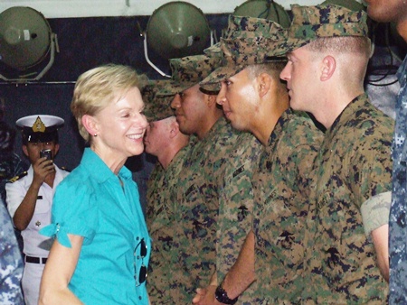 Ambassador Kenney meets the troops aboard the USS Tortuga.