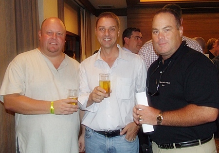 Peddling his music wherever he goes, Russell Jay Darrell (MIX 88.5 FM) is flanked by Mark Chilcott (Mobile Advertising) and Devin Andrews (BVP).