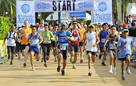 Runners get underway at the inaugural Columbia Trail Masters race at Khao Mai Kheow, Pattaya, Saturday May 7. 